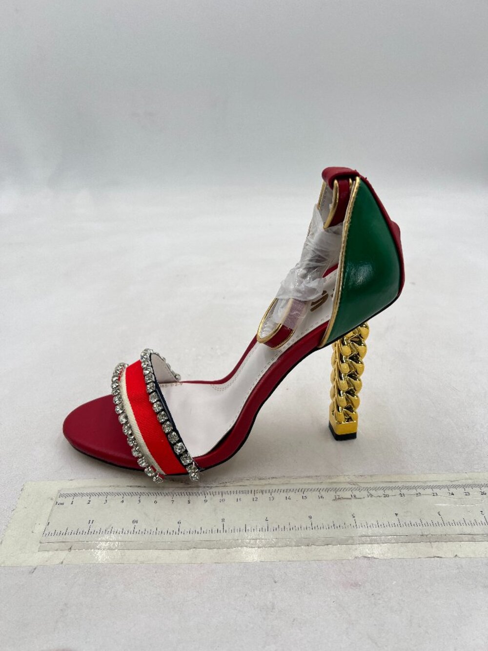 FSJ Red Green Gold Metal Chain Chunky High Heels Ankle Strap Open Toe Sandals - Picture 2 of 8